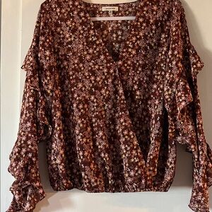 Max Studio Ruffle Sleeve Floral Print Blouse Faux Wrap Blouse